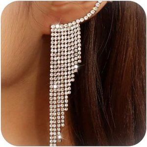 Women Silver Gold Rhinestone Crystal Prom Long  Tassel Bridal Earrings